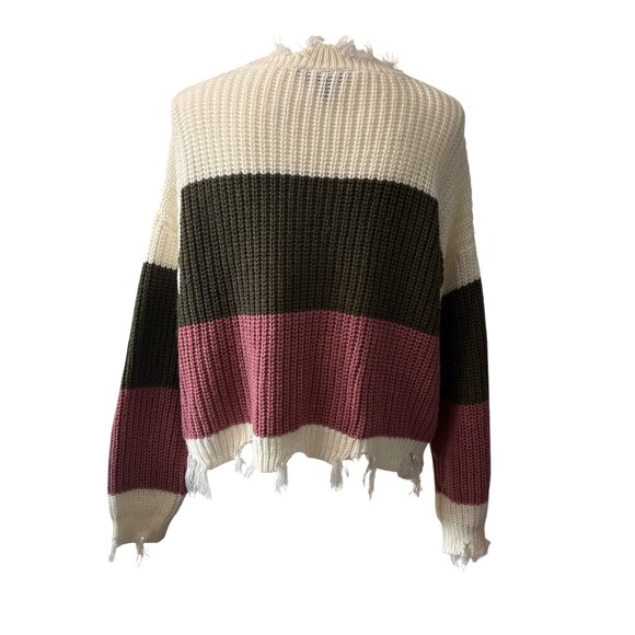 Colorblock Fringe Distressed V-Neck Sweater By Derek Heart Womens Size Small - Picture 3 of 11